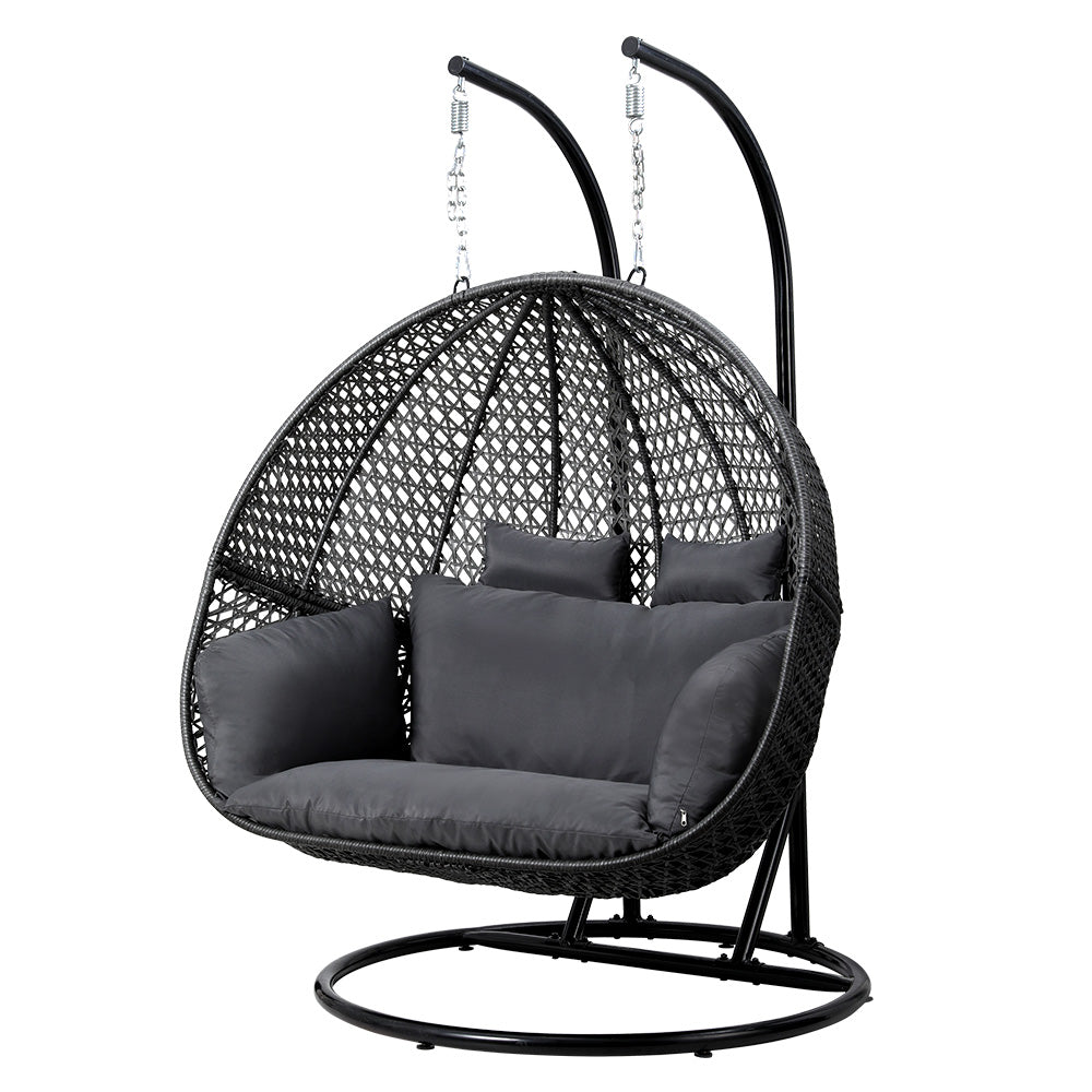 Gardeon Outdoor Egg Swing Chair Wicker Furniture Pod Stand Cushion 2 Seater Grey