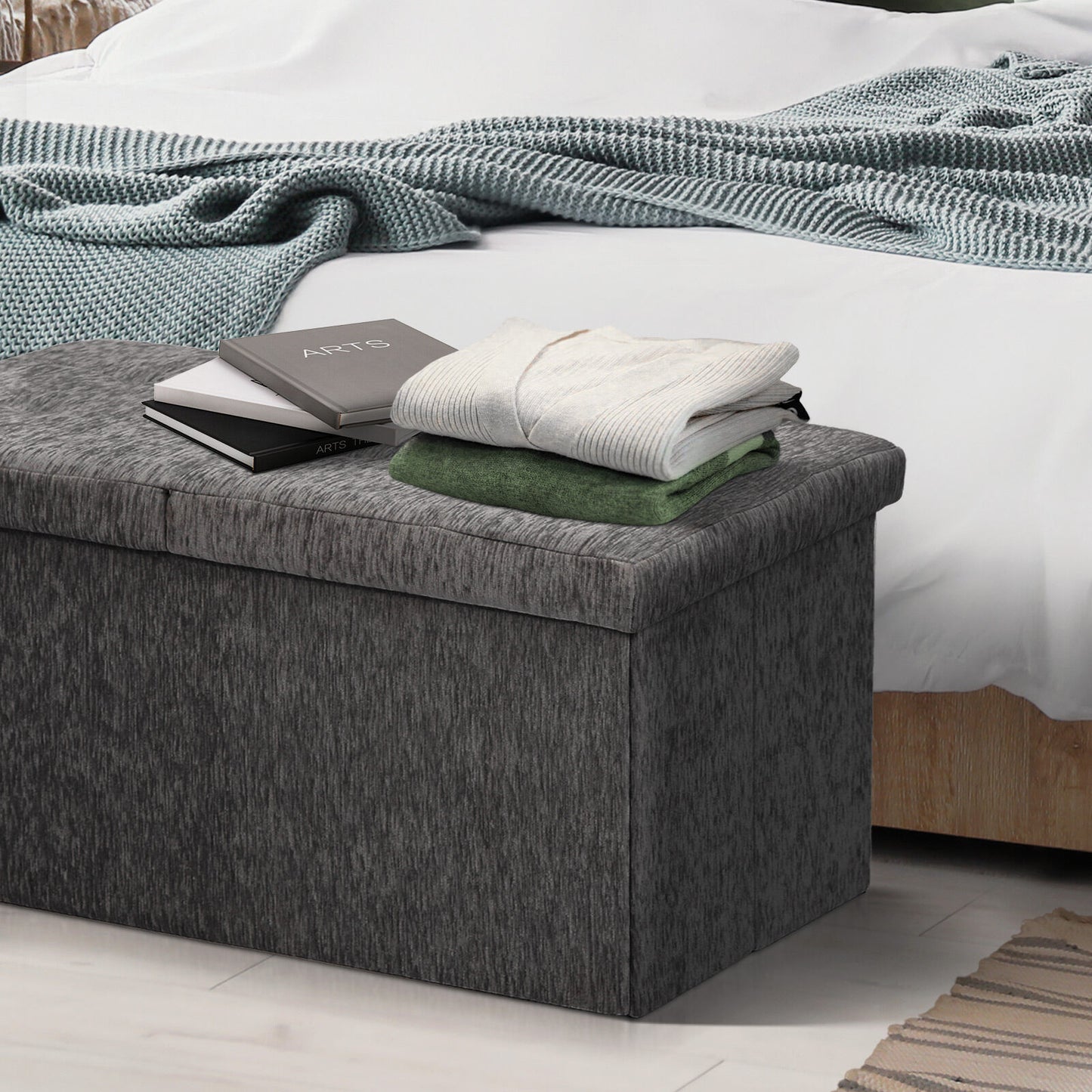 Foldable Storage Ottoman - Flip Lid Side Table Toy Blanket Organiser Seat KIRA BLACK