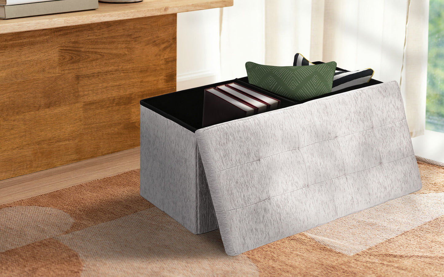 Foldable Storage Ottoman - Flip Lid Side Table Toy Blanket Organiser Seat KIRA GREY