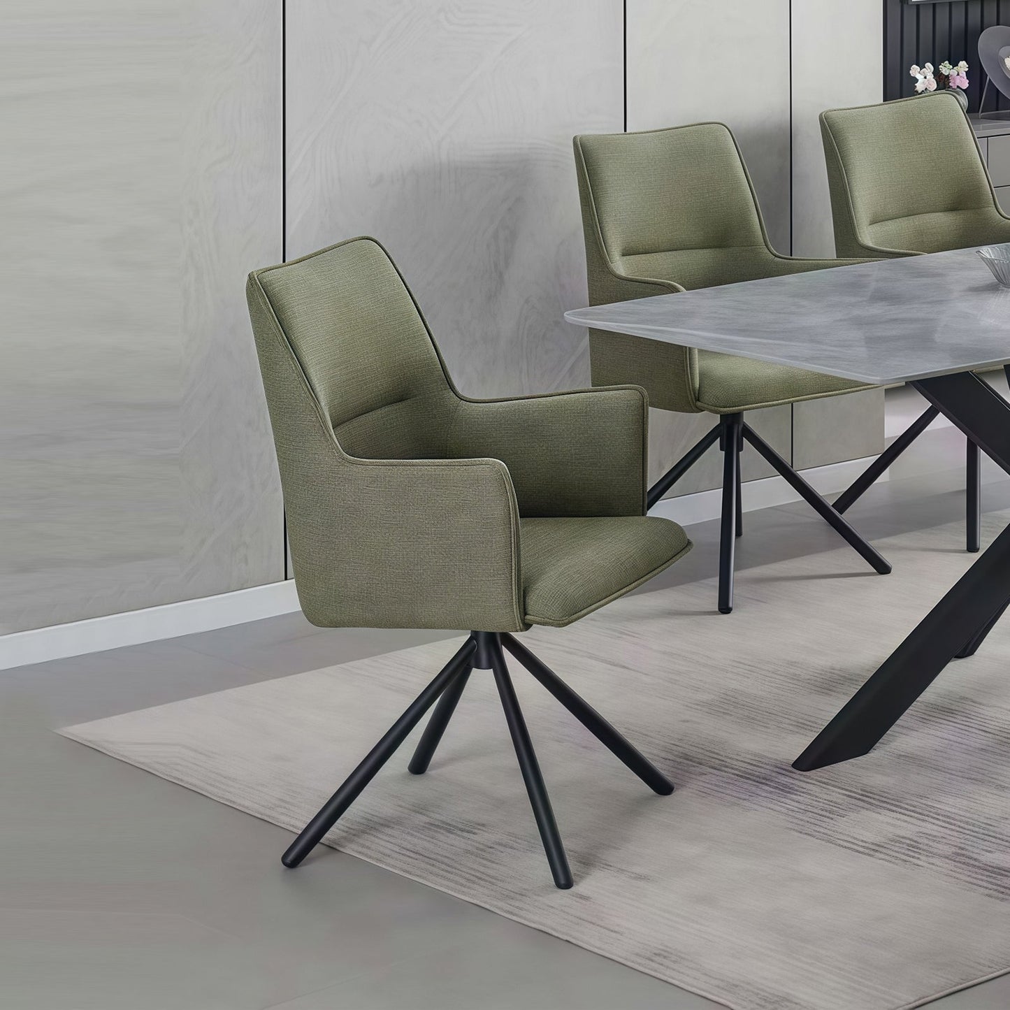 Dining Chair Green Linen Fabric Upholstered Seat Powder Coated Iron Legs