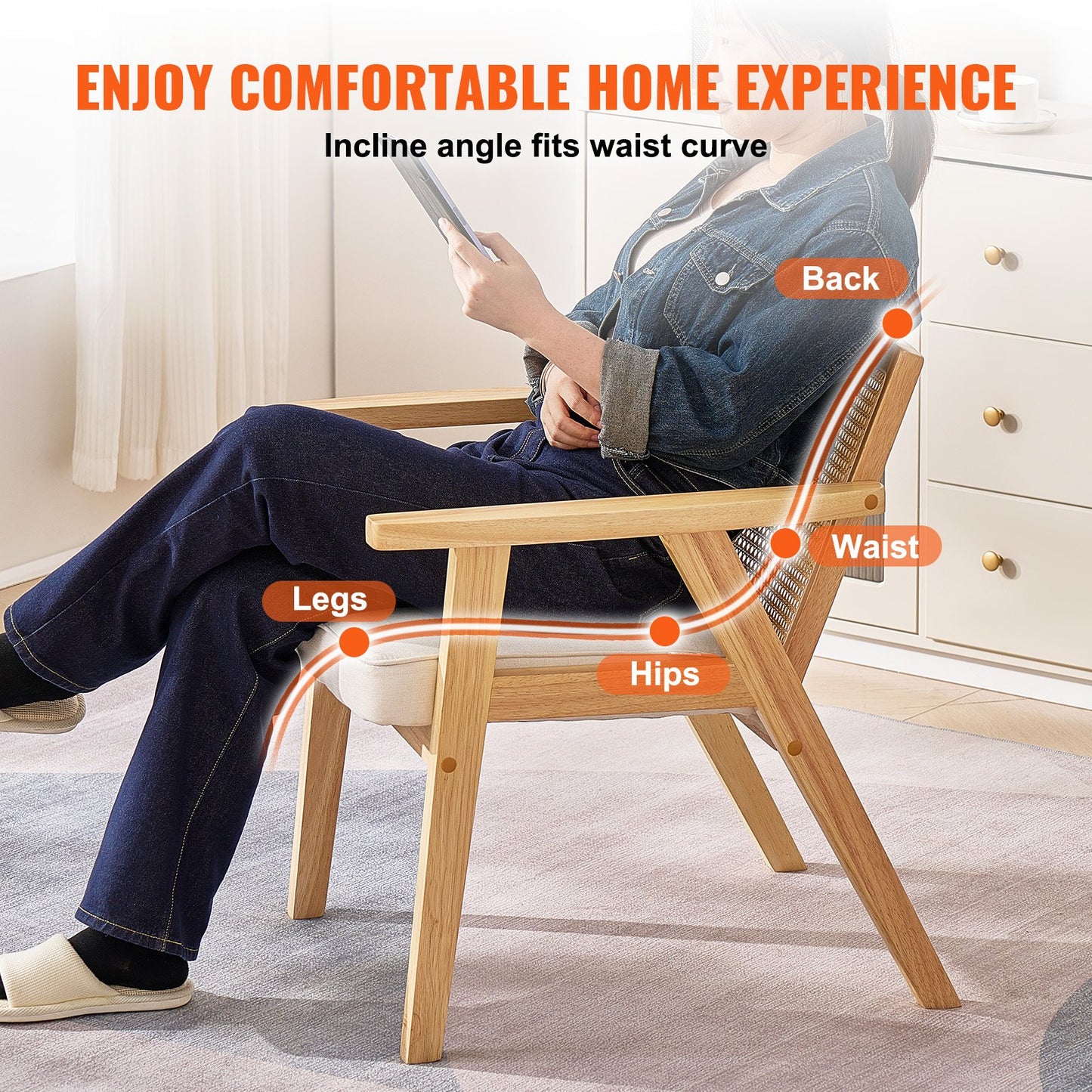 VEVOR Rattan Chair, Mid Century Modern Dining Chair with Armrest, Upholstered Chair with Rattan Back, Retro Rattan Dining Room Kitchen Chair for Living Room, Bedroom, Reading Room, and Office, Beige